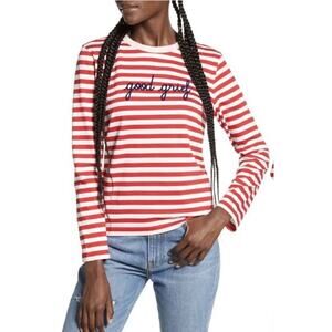 Maison Labiche Paris Womens XS Peanuts Good Grief Striped Tee T-Shirt Red White